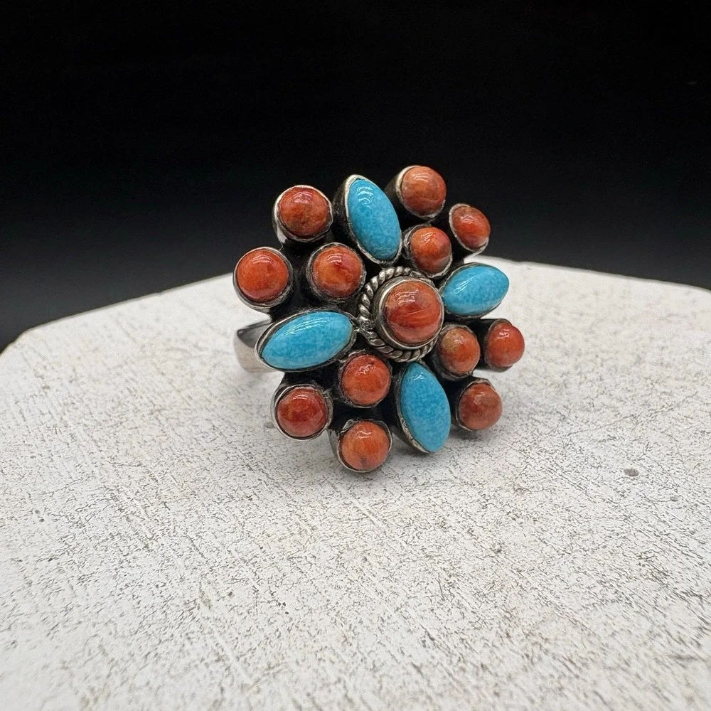 Anja Ring Women Size 8 Sterling Silver Orange Blue Turquoise Spiny Oyster Exc